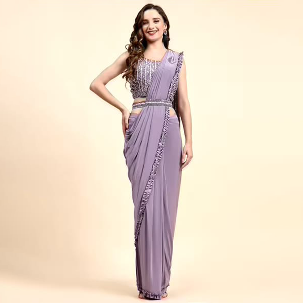 Cherry Georgette Handcrafted with Sequins Ready To Wear Indian Saree for Woman - Lavender