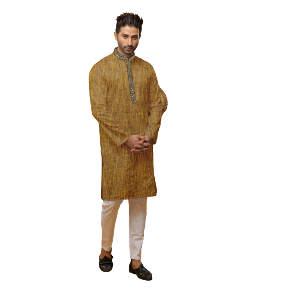 Cotton Digital Print Semi Long Embroidery Panjabi For Men - Mustard - PS-10