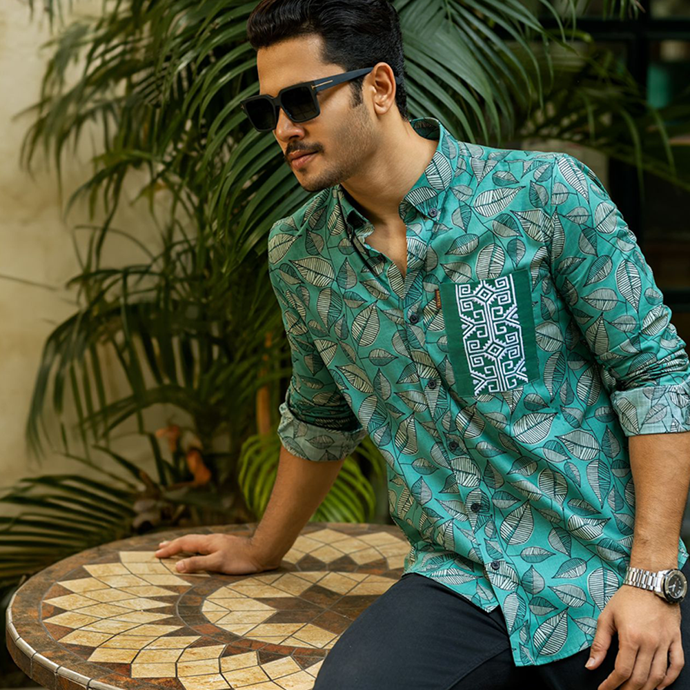 Cotton Casual Print Shirt For Men - Green - CS-07