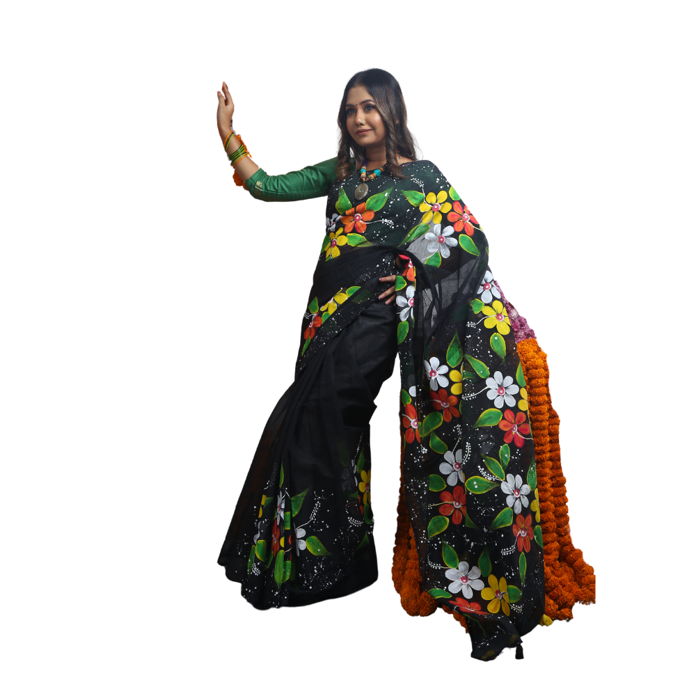 Hand Print Silk Cotton Saree For Women - Multicolor - SC33