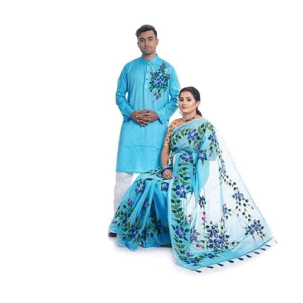 Hand Printed Half Silk Saree and Dhupian Cotton Panjabi For Couple Set - BAN095