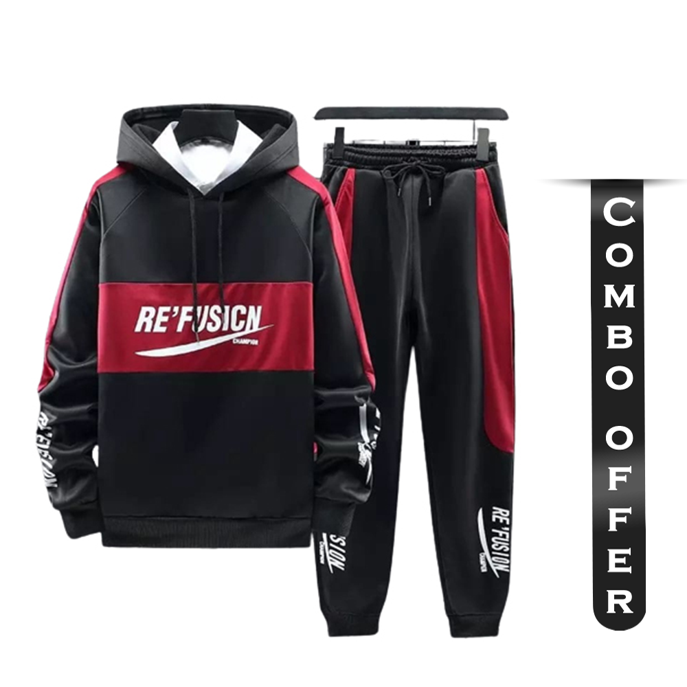 Combo Of Cotton Winter Hoodie With Trouser For Men - Black and Red - HT-20