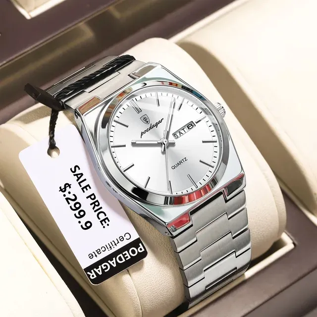 Poedagar 930 Stainless Steel Quartz Luminous Wristwatch for Men - White