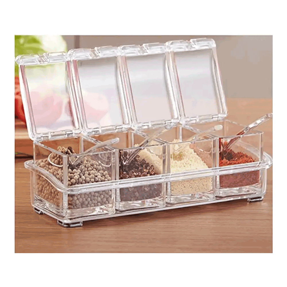 Acrylic 4 Grid Spice Box Kit with Spoon - Crystal 