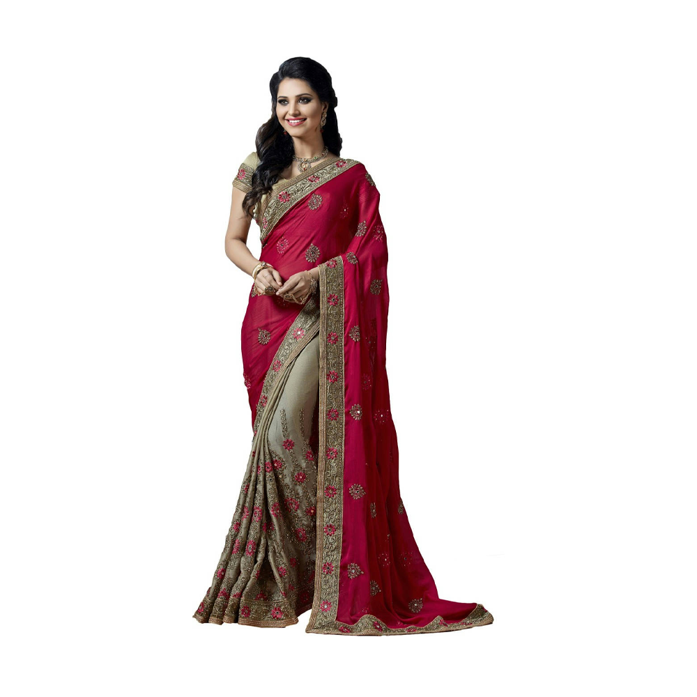 Embroidery Work Weightless Georgette Saree With Blouse Pcs For Women - Maroon and Ash