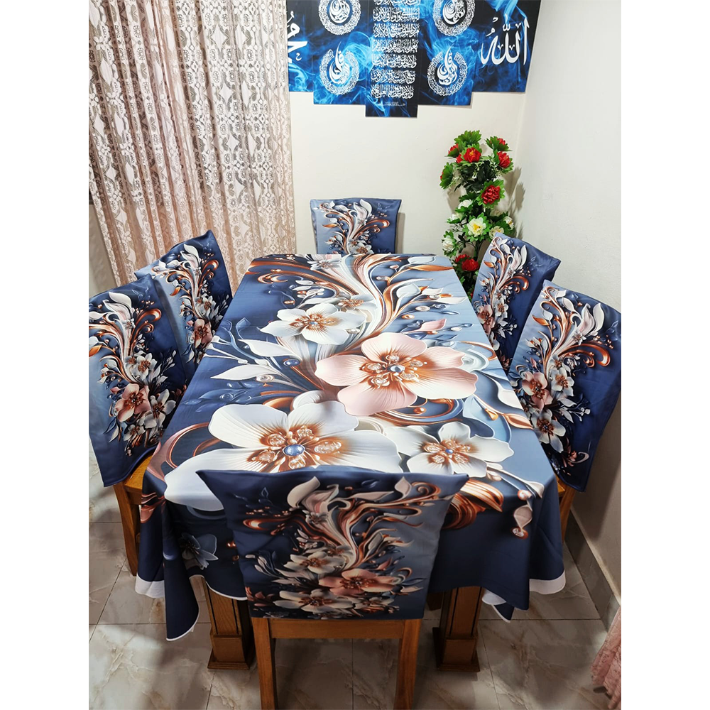 Korean Velvet 3D Print Dining Table Cloth and Chair Cover Set 7 In 1 - HS 00091