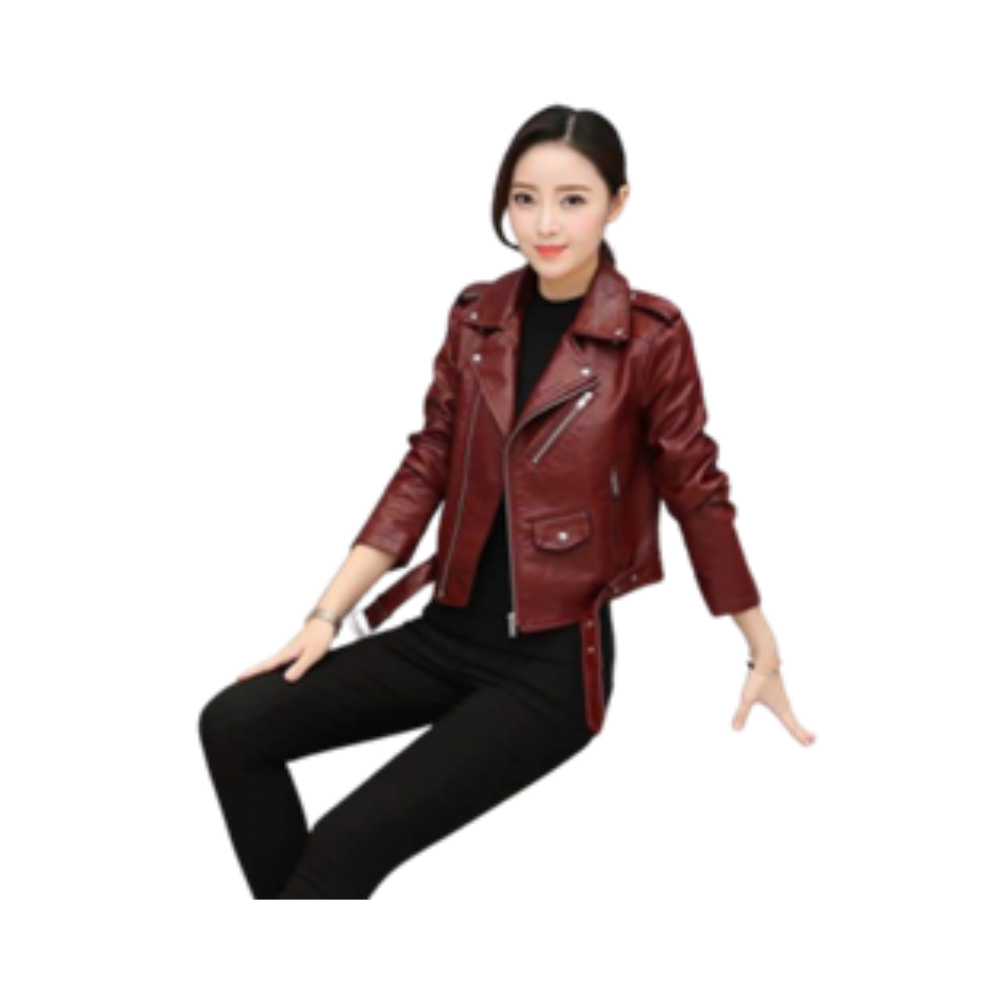 Lady Short Motorcycle Leather Jackets - Maroon