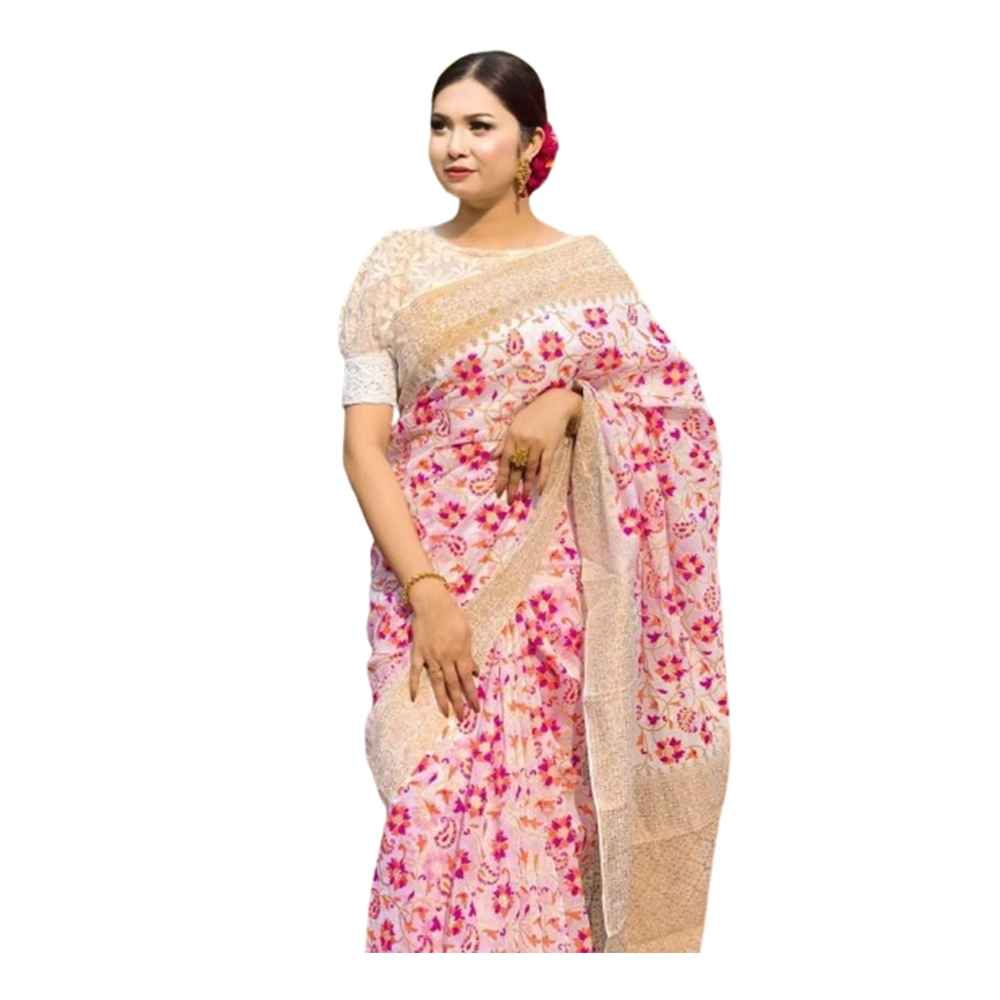 Half Silk Saree For Women - White and Pink - 4309