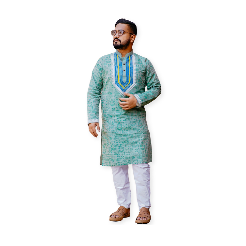 Cotton Khadi Block Print Panjabi For Man - LS#P102BP