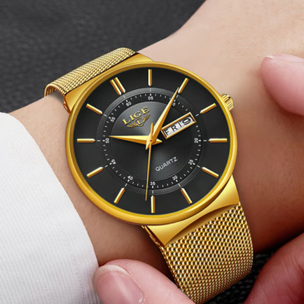 Lige Ultra 9949 Stainless Steel Quartz Wrist Watch For Men - Black and Golden