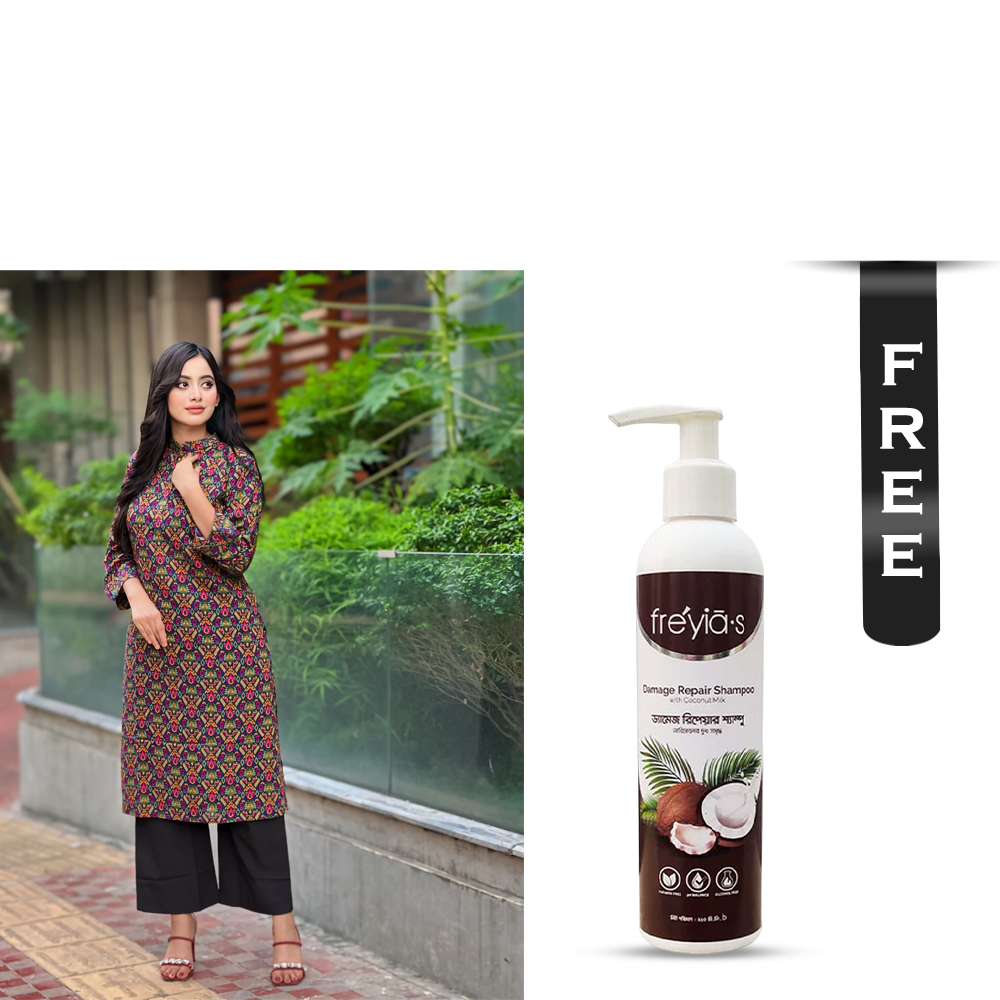 Buy Showstopper Cotton Kurti for Women - 1123 000243 - Navy Blue and Get Freyias Damage Repair Shampoo with Coconut Milk - 220ml Free