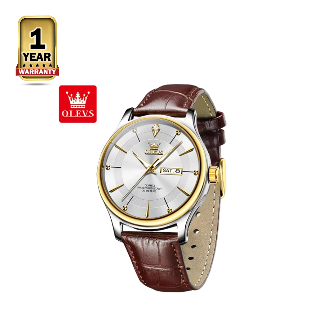 OLEVS 9908L PU Leather Analog Wrist Watch For Men - White and Chocolate