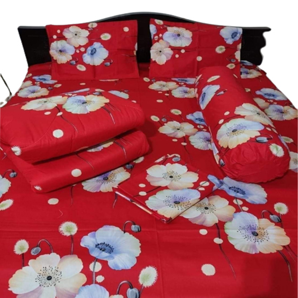 Twill Cotton King Size Five In One Comforter Set - Red - CFS-86