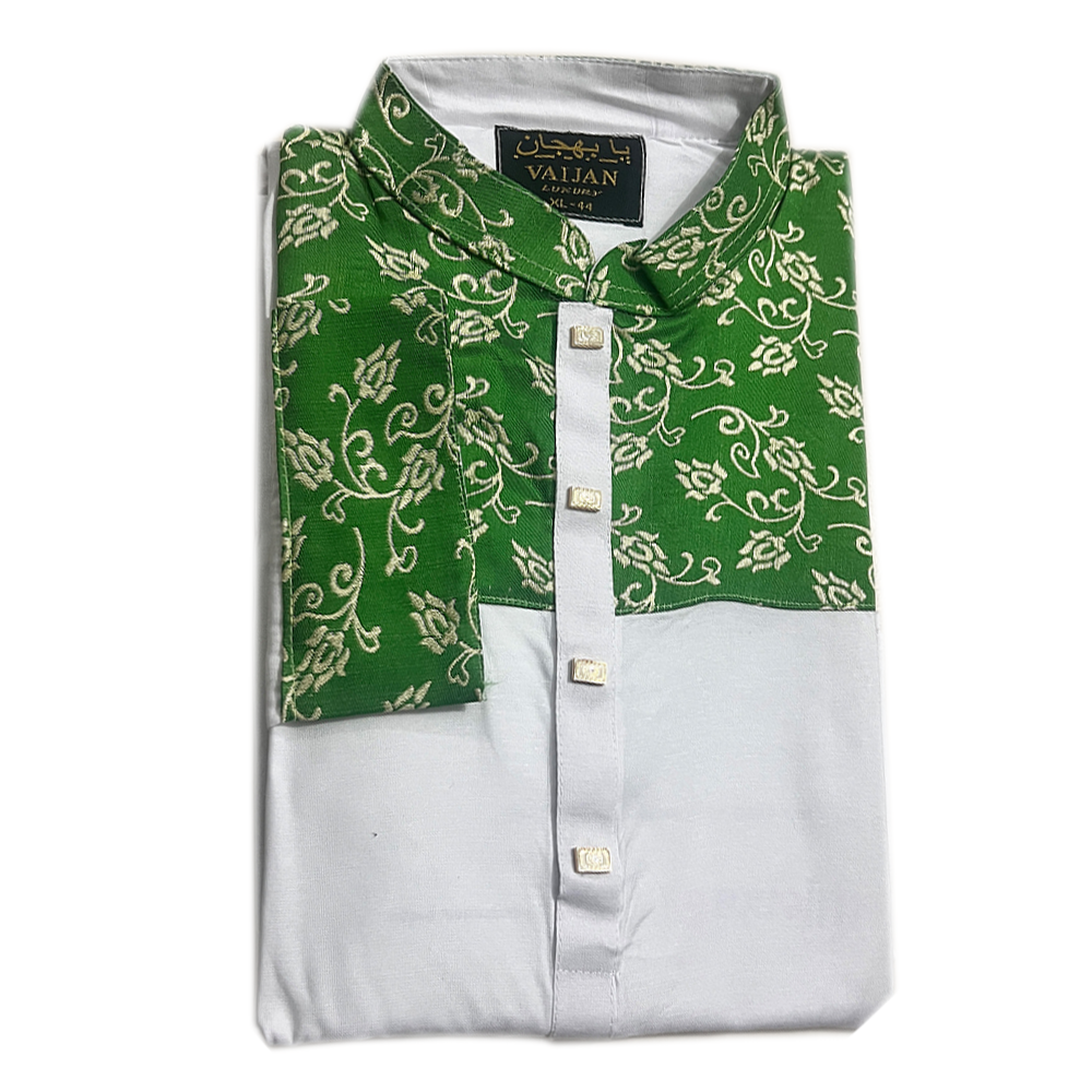 Cotton Panjabi For Men - White and Green - P2 B