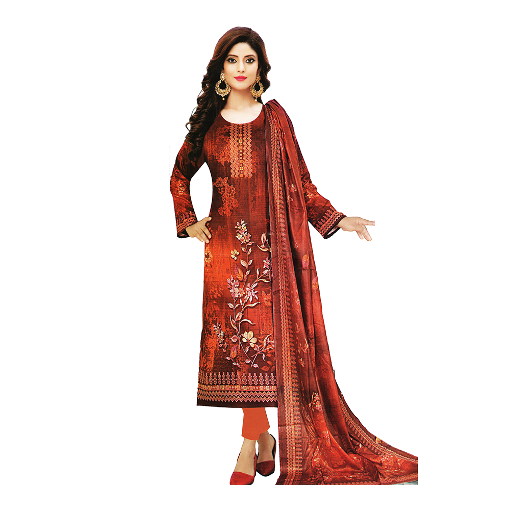 Unstitched Swiss Cotton Screen Printed Salwar Kameez For Women - Carmine - 8297.3