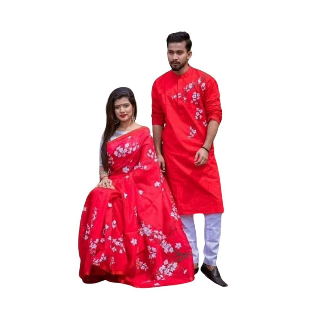 Cotton Silk Saree and Dhupian Cotton Panjabi Couple Dress - Pinkish Red - SC68