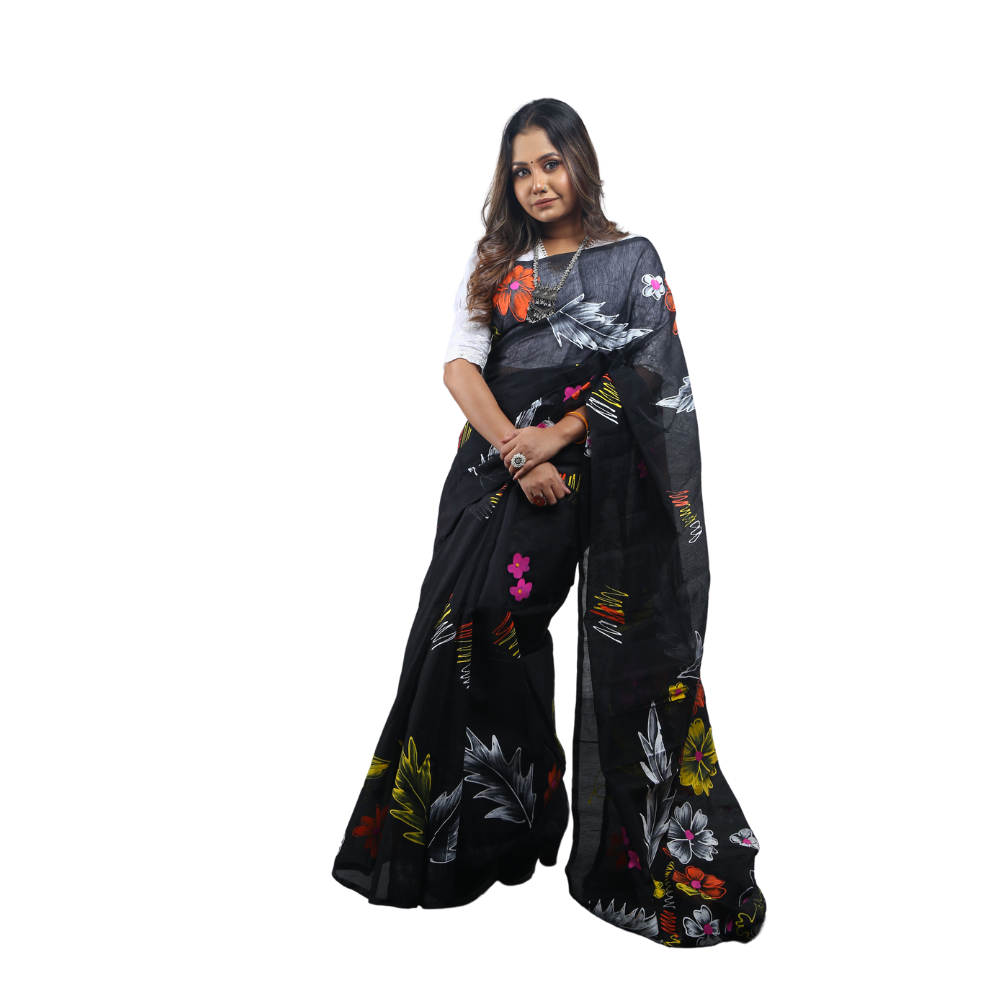 Hand Print Silk Cotton Saree For Women - Black - SC38