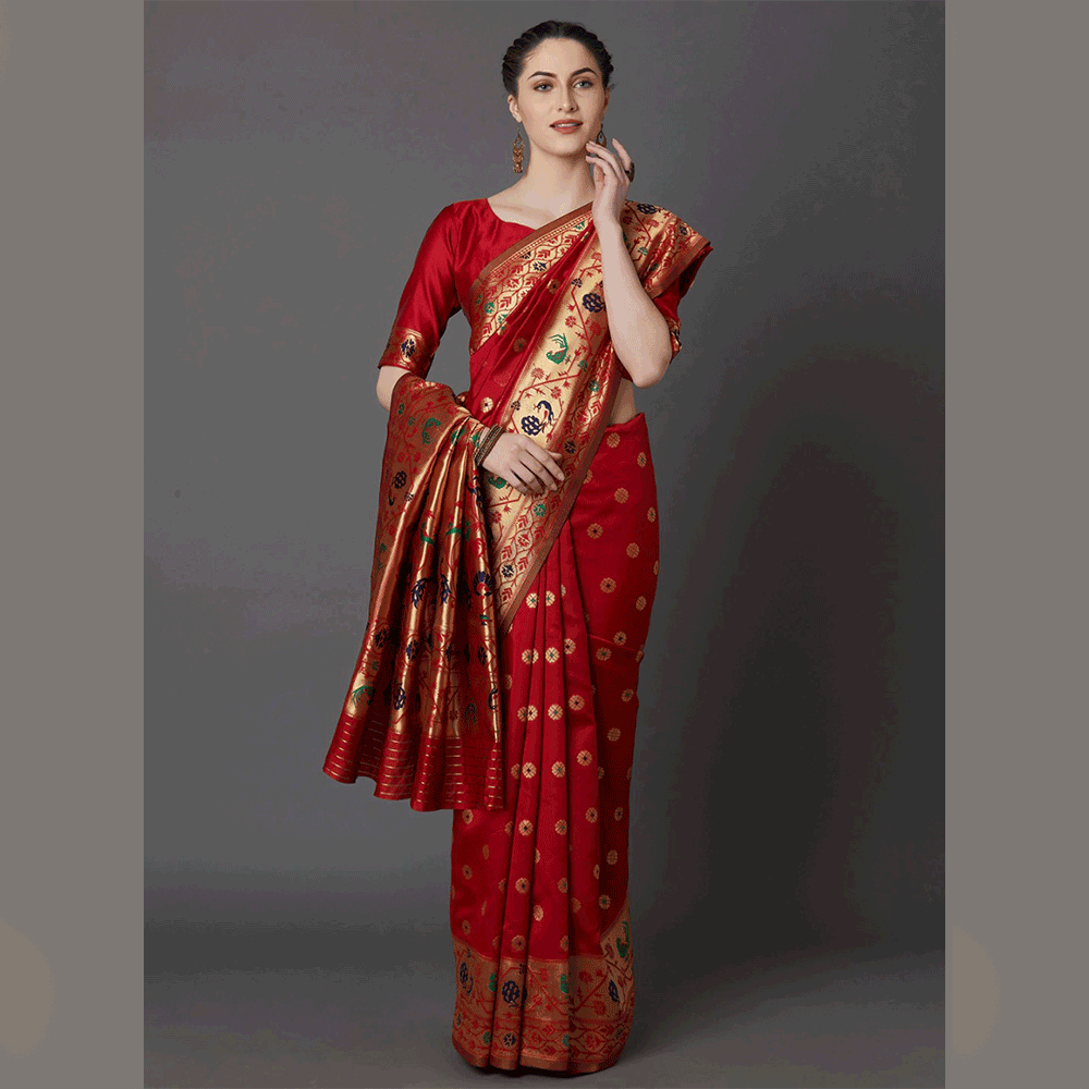 Silk Printed Saree With Blouse Piece For Women - Red