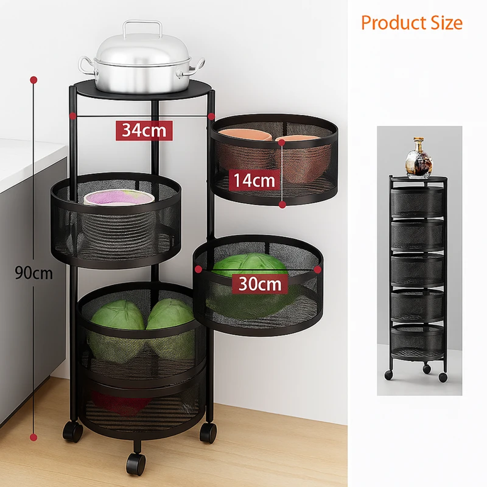 Metal 5 Layer Round Shape Kitchen Storage Rack - Black