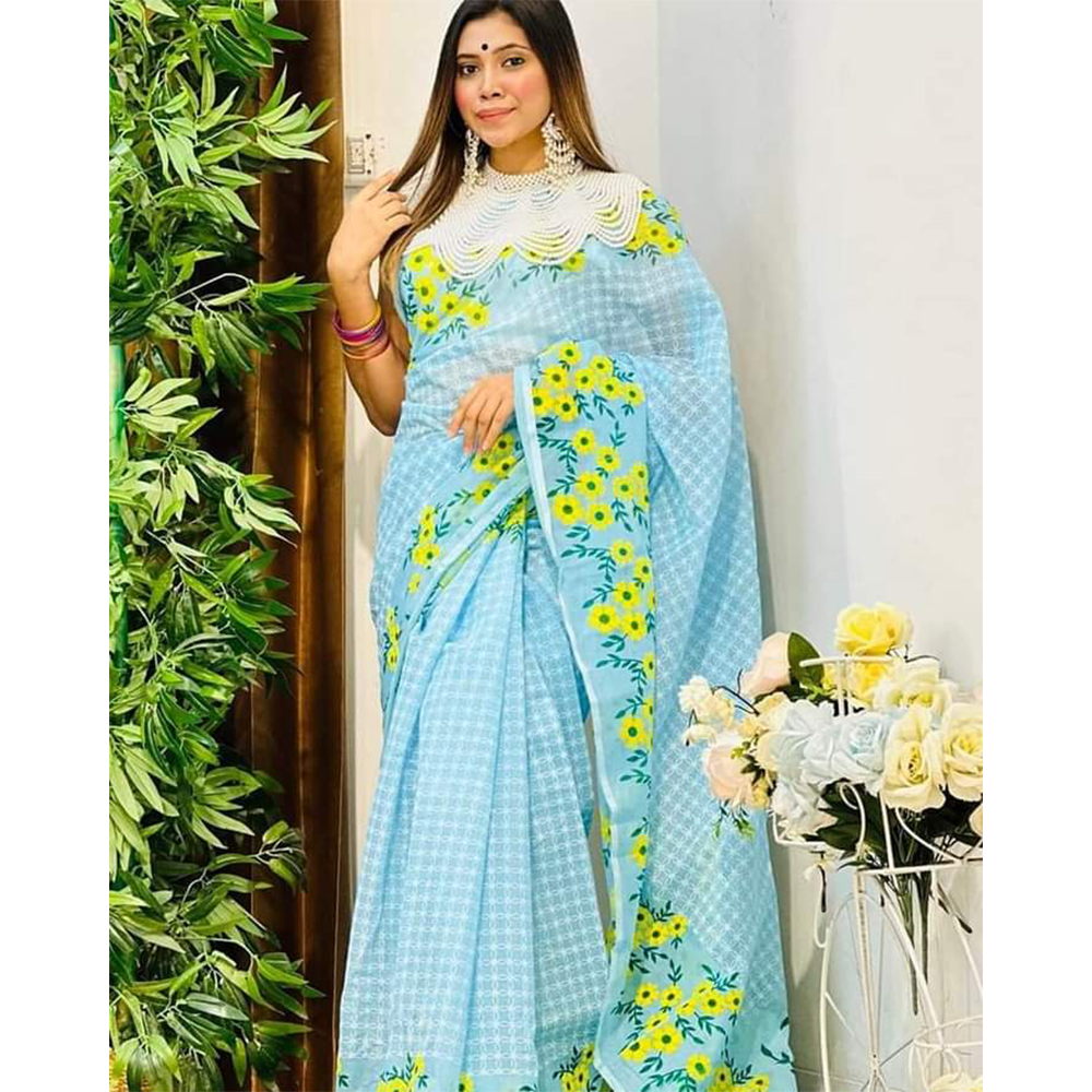 Half Silk Screen Print Saree for Women - Sky Blue