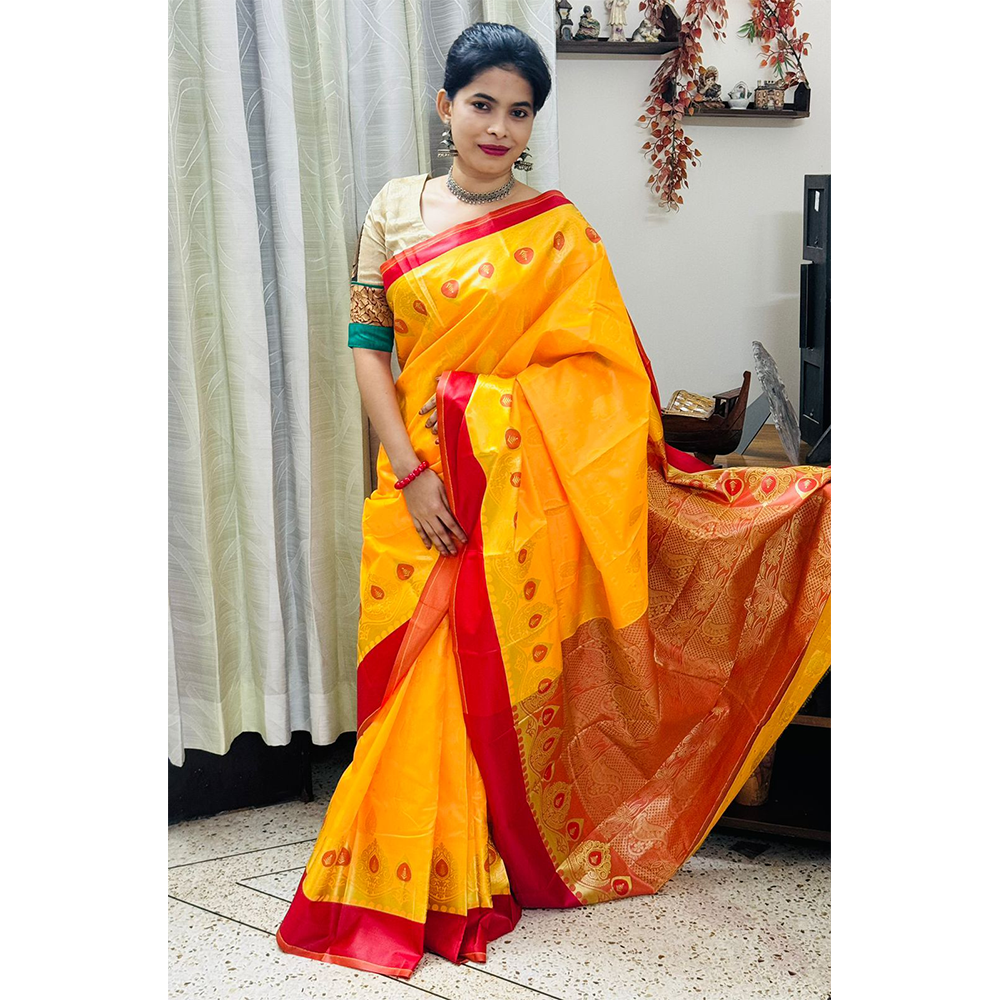 Silk Katan Tangail Saree for Women - Yellow - HS-00029