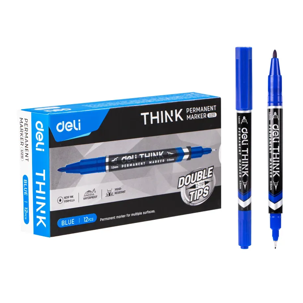 Deli U211-BL Double Tip Permanent Marker - Blue - 12 Pcs