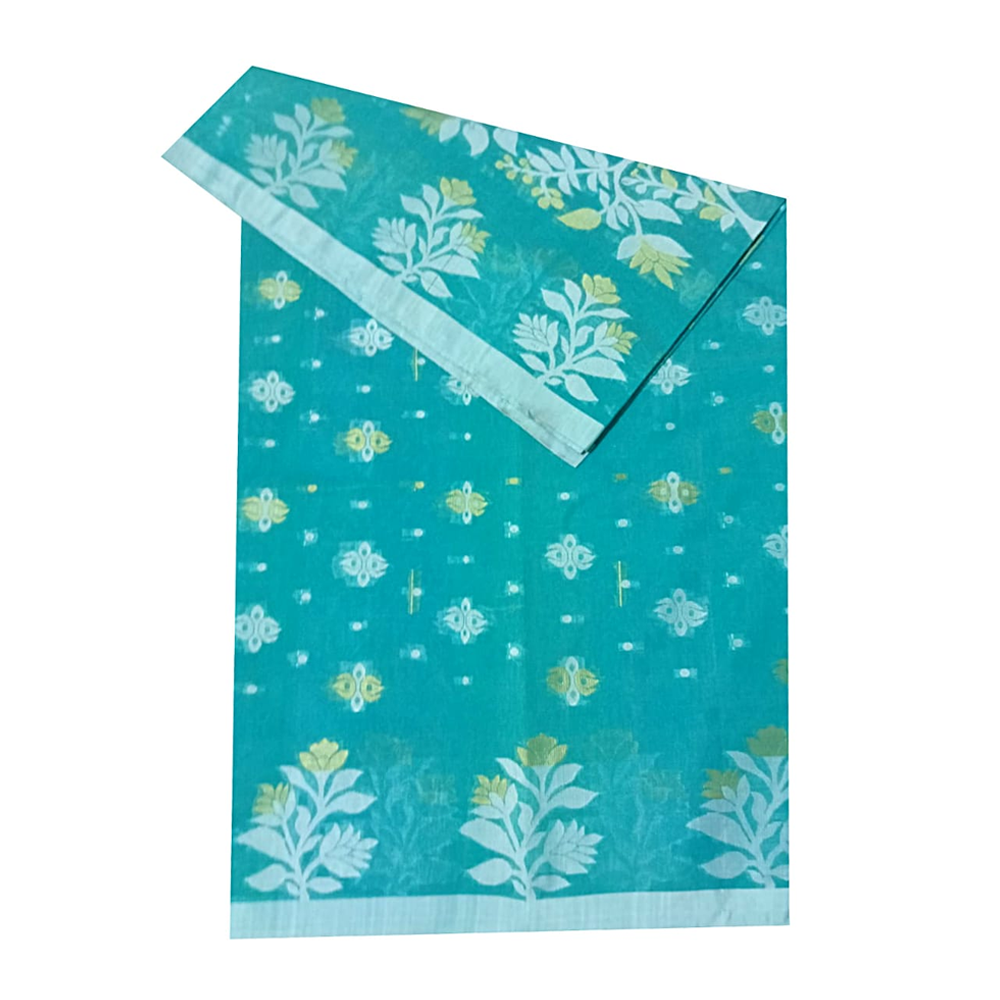 Taty Polly Half Silk Cotton Jamdani Saree For Women - Turquoise  - J.S 03