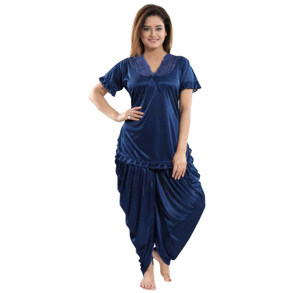 Satin Two Part Night Wear For Women - Navy Blue - ND-77