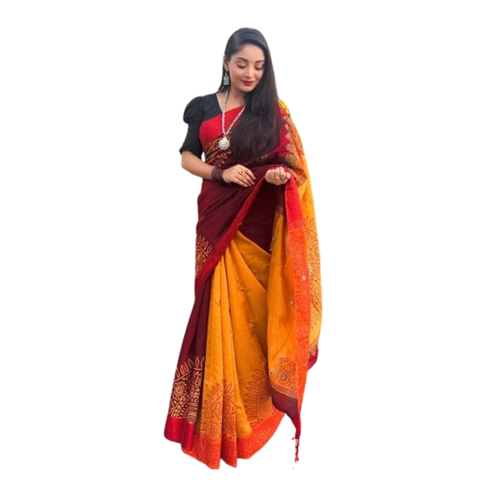 Dupion Silk Saree For Women - Red and Yellow - SP-H37