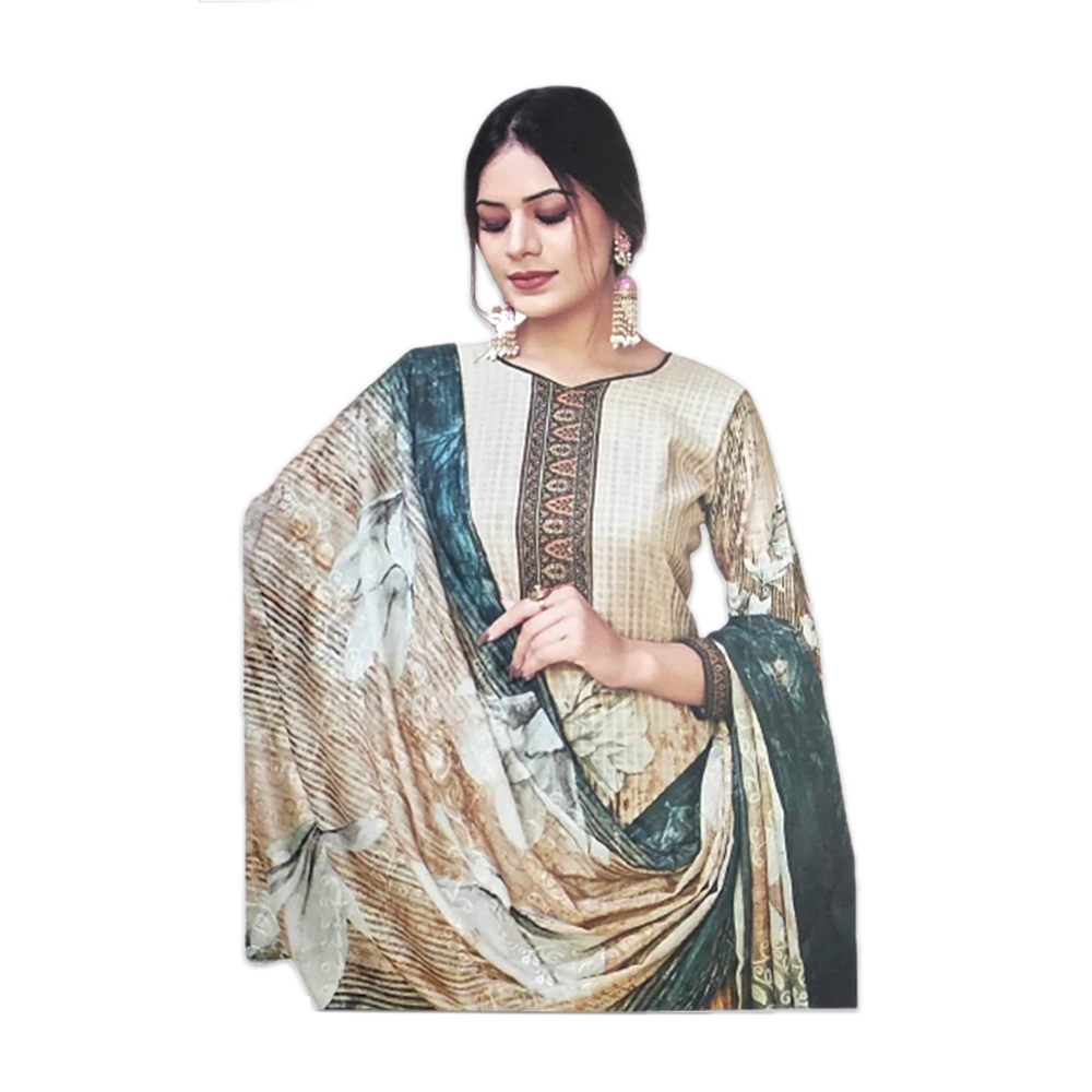 Unstitched Cotton Digital Printer Three Piece for Women - Gangaa - Cream Ash