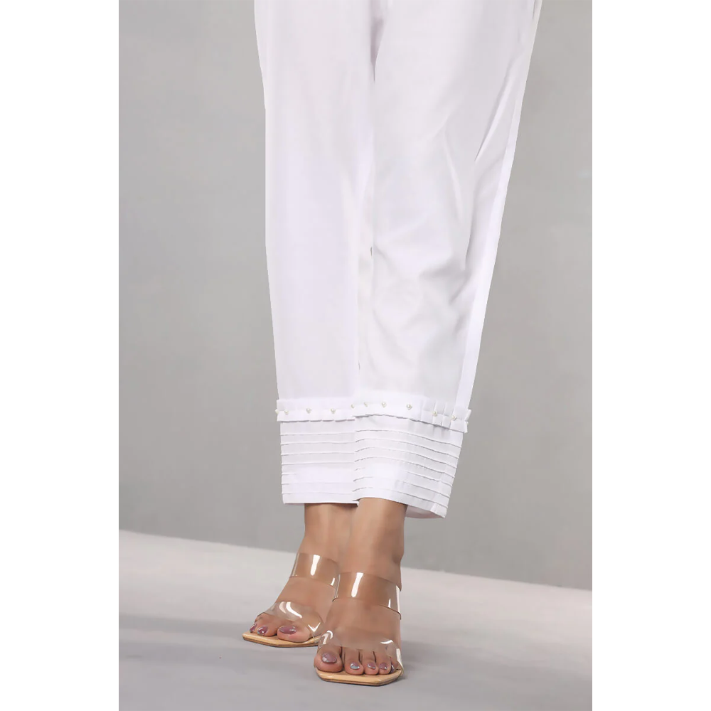 Cashmilon Straight Pleats and Pearls Pant For Women - White  - P6