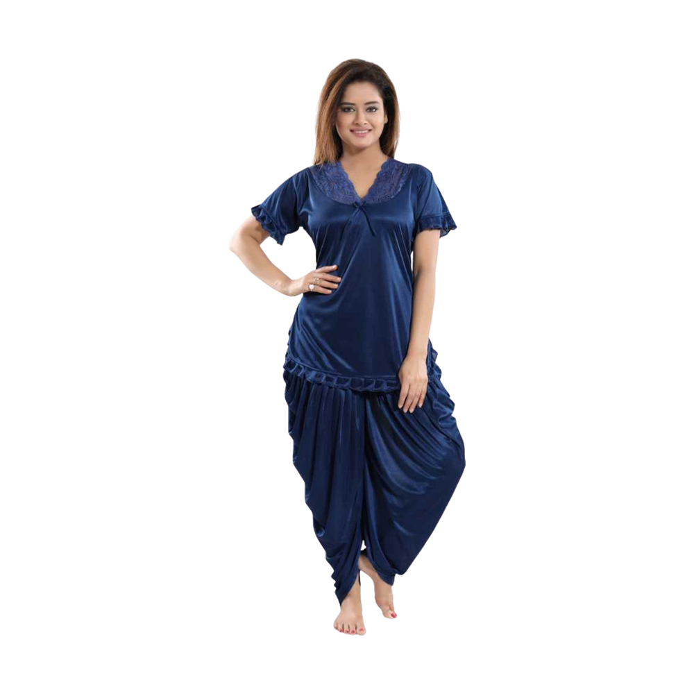 Satin Fabric Night Dress for Women - Blue - ND-01