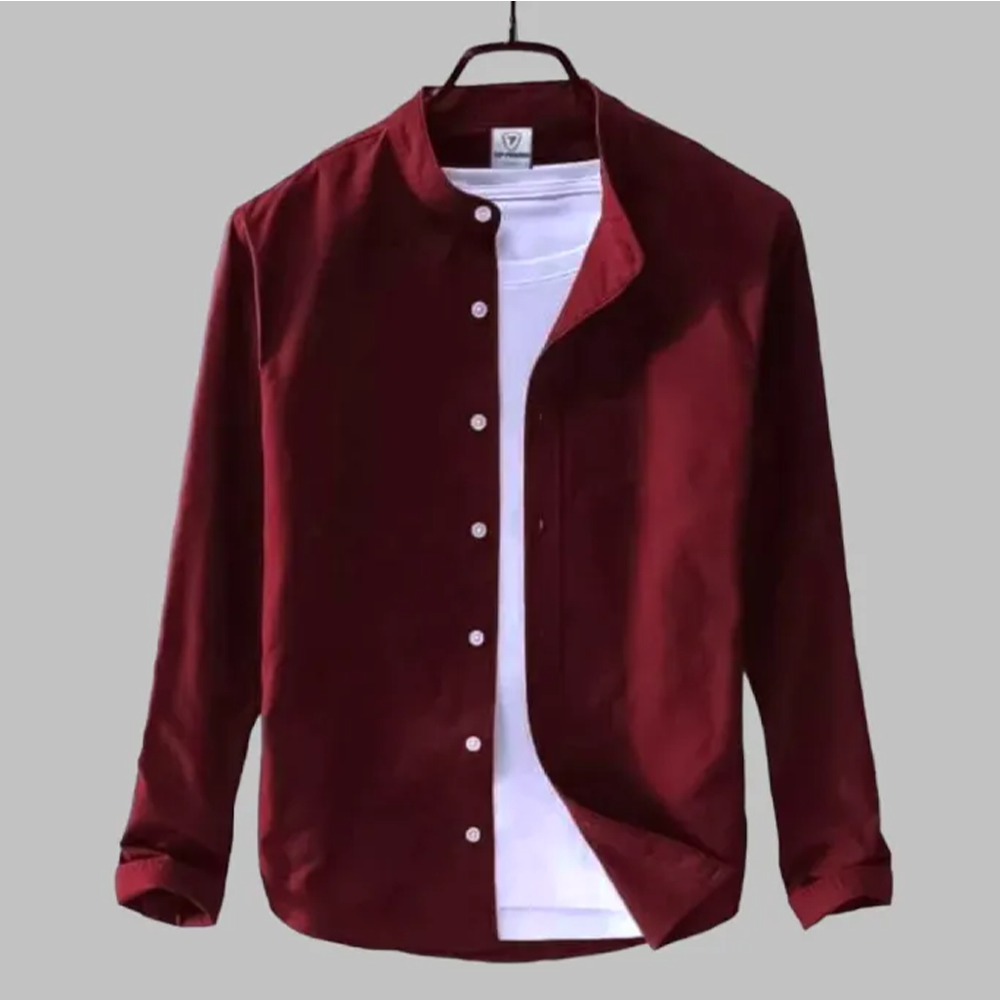 Cotton Full Sleeve Band Collar Casual Shirt For Men Maroon