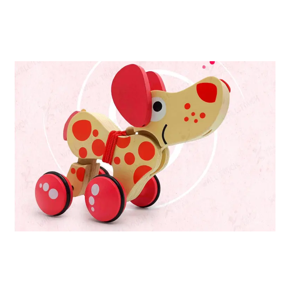 Cartoon Puppy Animal Tractor Wooden Toy Car For Kids - Red
