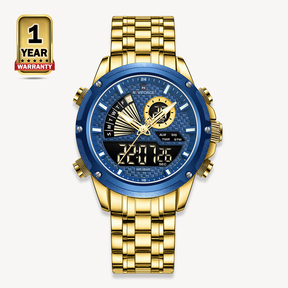 Naviforce NF9205 Stainless Steel Dual Time Watch For Men - Royal Blue and Golden