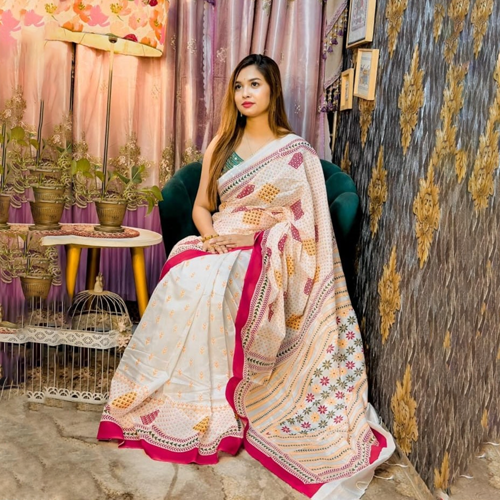 Barish Dhupian Saree For Women - White and Red - S00662