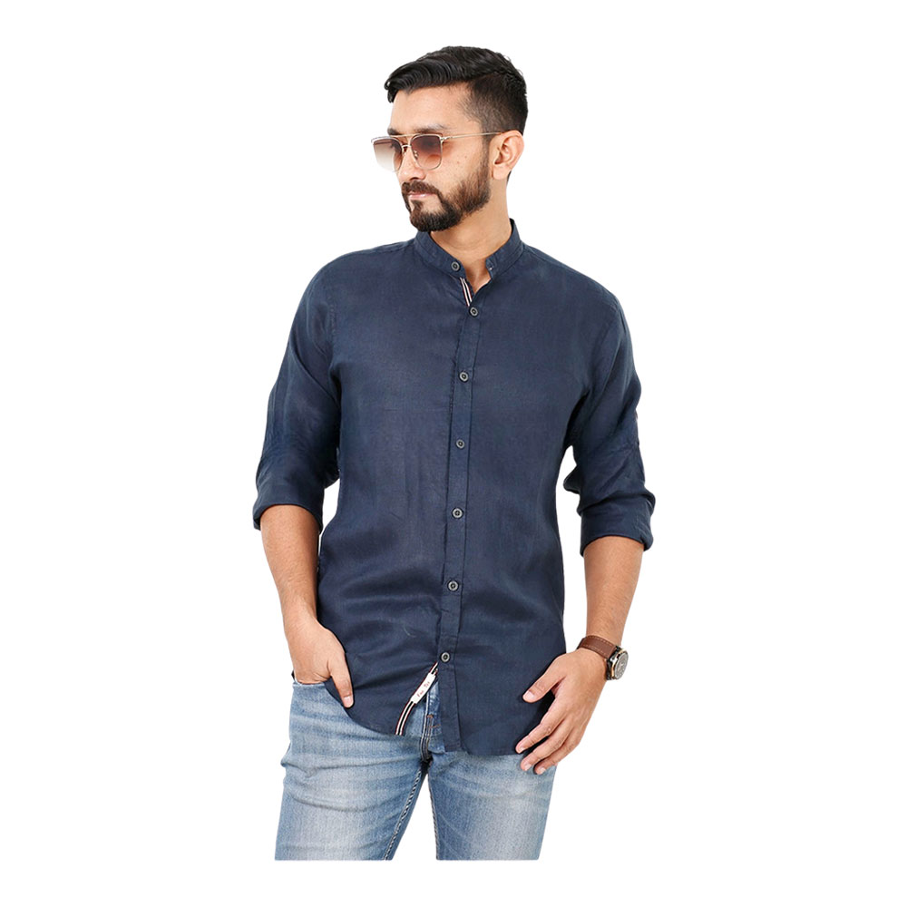 Cotton Casual Band Collar Shirt For Men - Navy Blue