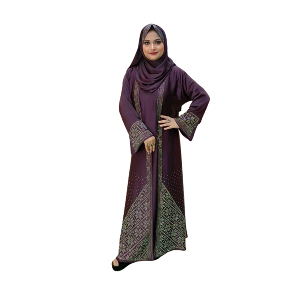 Dubai Cherry Stone Work Borkha With Koti & Hijab For Women - Violet - BK-K1