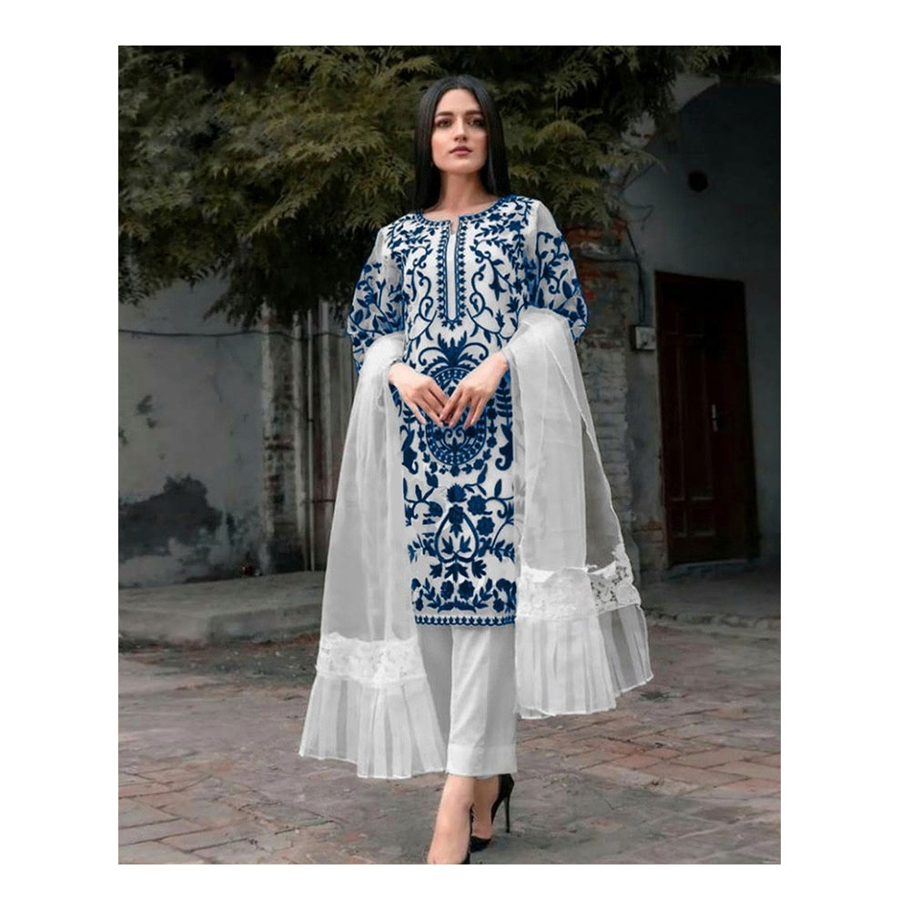 Organza Semi Stitched Embroidered Three Piece for Women - Blue