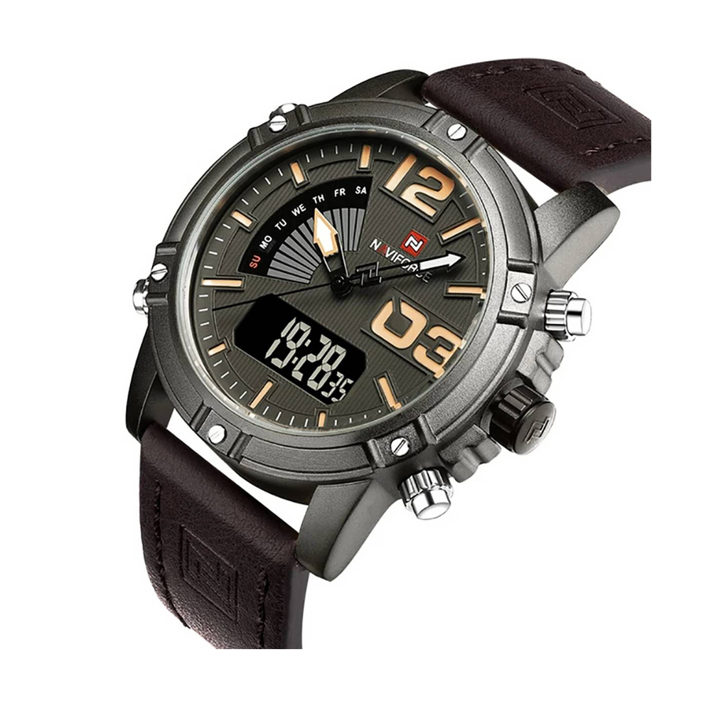 NAVIFORCE NF9095 Luminous Faux Leather Strap Analog Digital Watch for Men - Chocolate