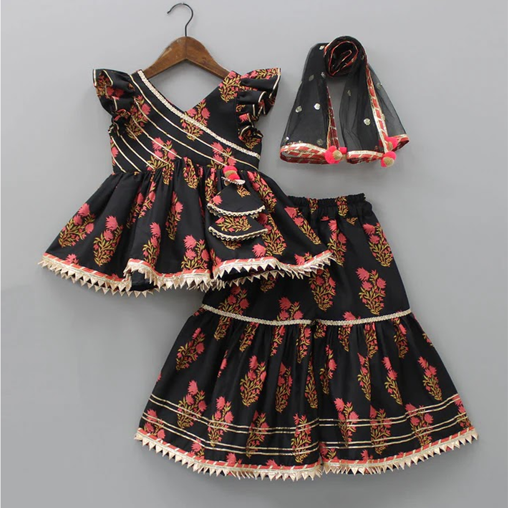 Linen Digital Print Baby Sharara Party Dress for Girls - Black - 1902