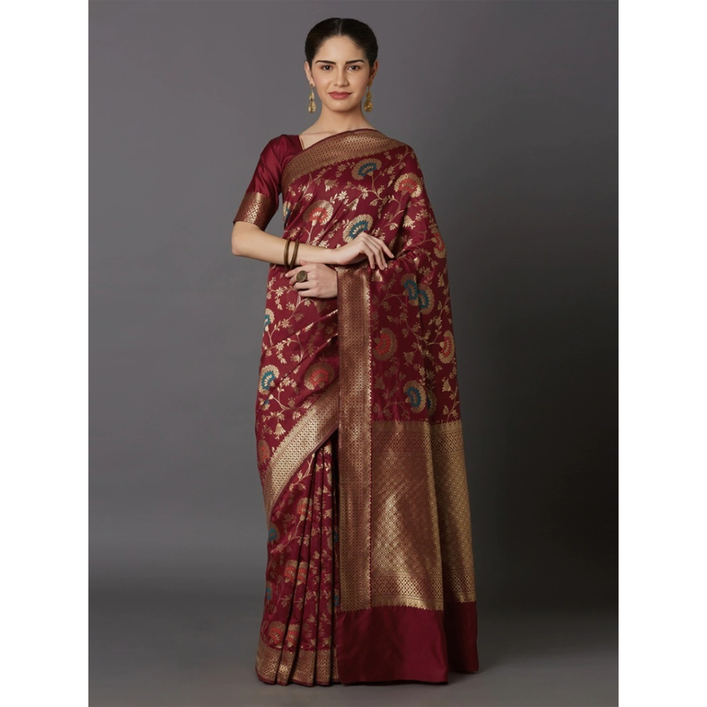 Silk Printed Gorgeous Saree With Blouse Piece For Women - Maroon - MN-754