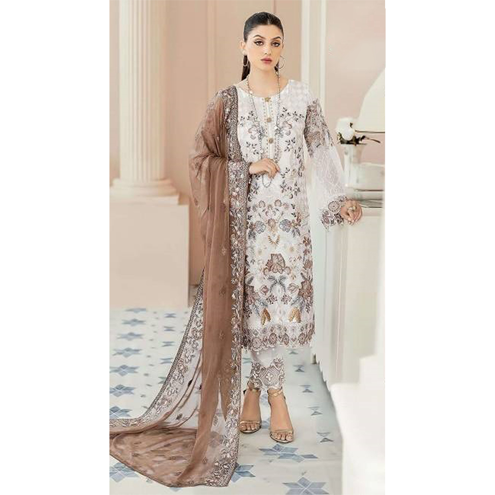 Unstitched Net Embroidered Salwar Suits  For Women - Cream and Brown - S-8097