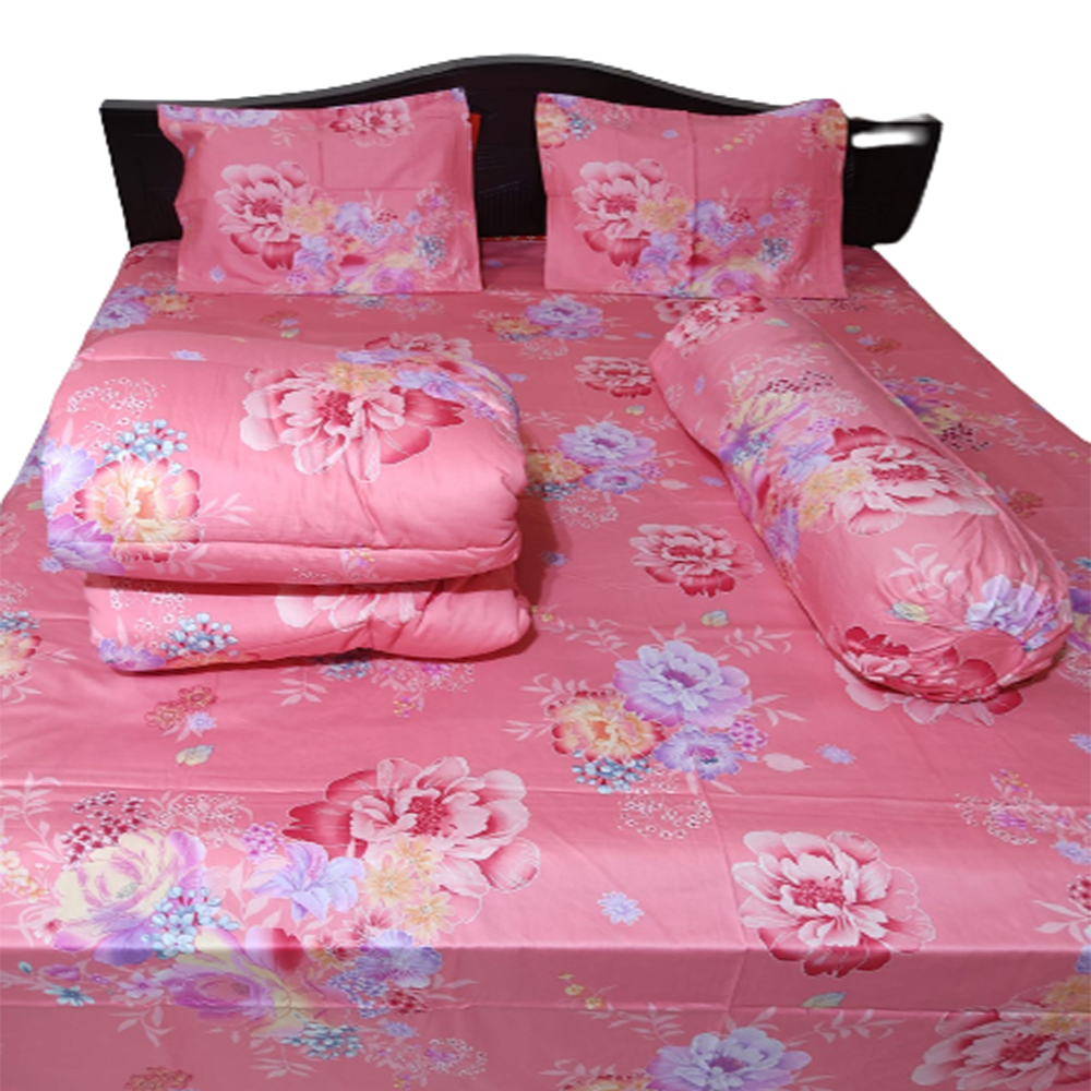 Twill Cotton King Size Five In One Comforter Set - Pink - CFS-77