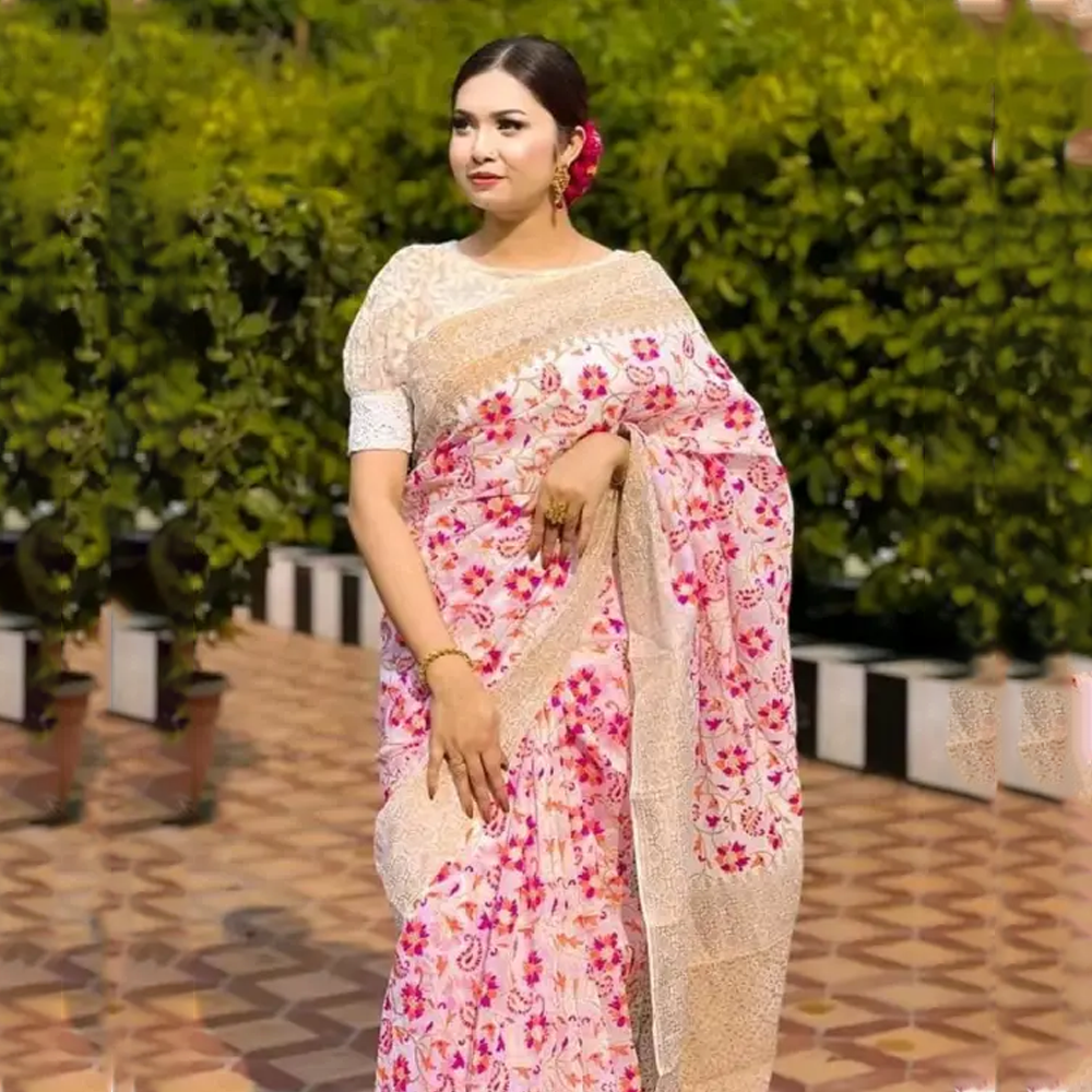 Dhupian Half Silk Skin Print Saree For Women - Multicolor - PP-206