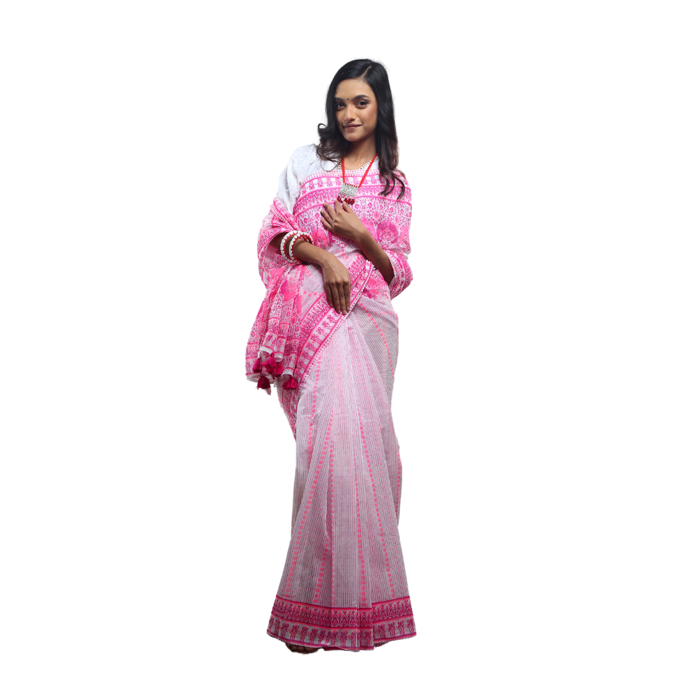 Skin Print Silk Cotton Saree For Women - Pink & White - SC2