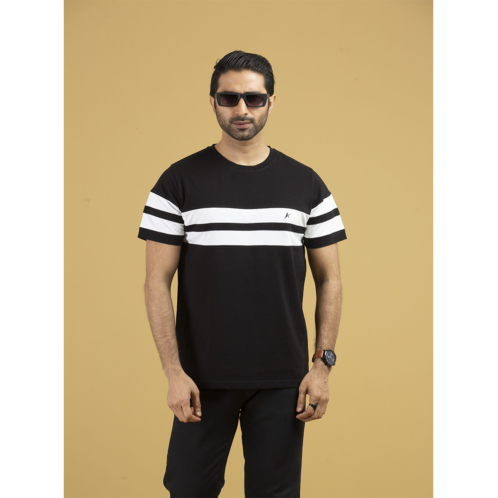 Cotton Round Neck T-Shirt for Men - Black And White - RN-11