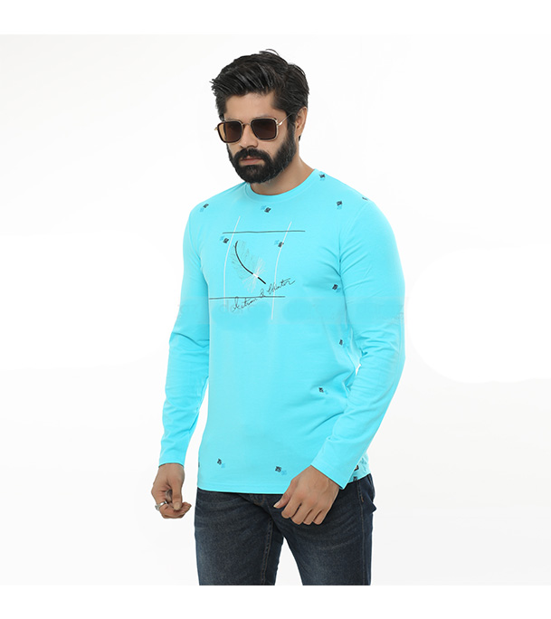 Cotton Long Sleeve T-shirt for Men - Light Aqua 