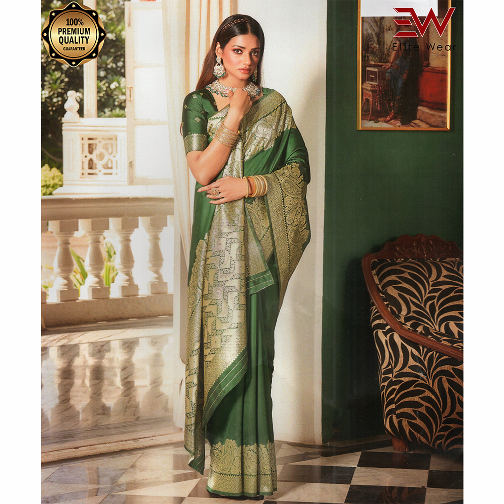 Gujrati Pure Handloom Katan Saree with Blouse Piece for Women - Dark Green - A640 C