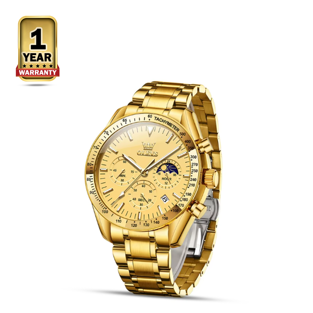 Olevs 3618 Stainless Steel Chronograph Wrist Watch For Men - Golden